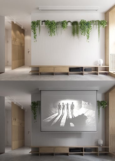 small home theater room design ideas: Adding indoor plants onto an empty white projection wall