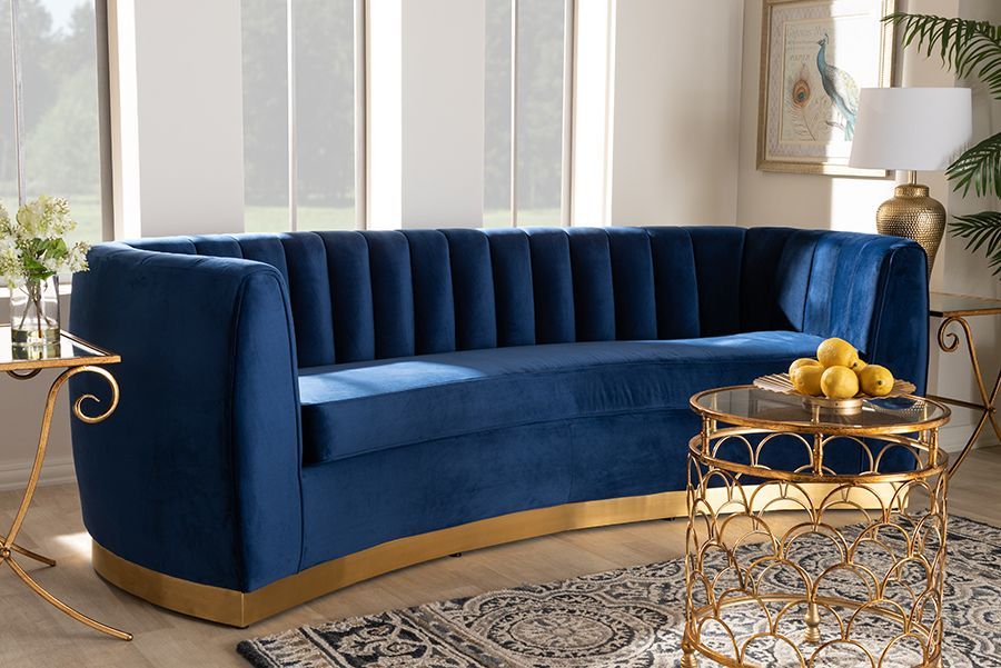 gold accent with blue velvet sofa living room ideas
