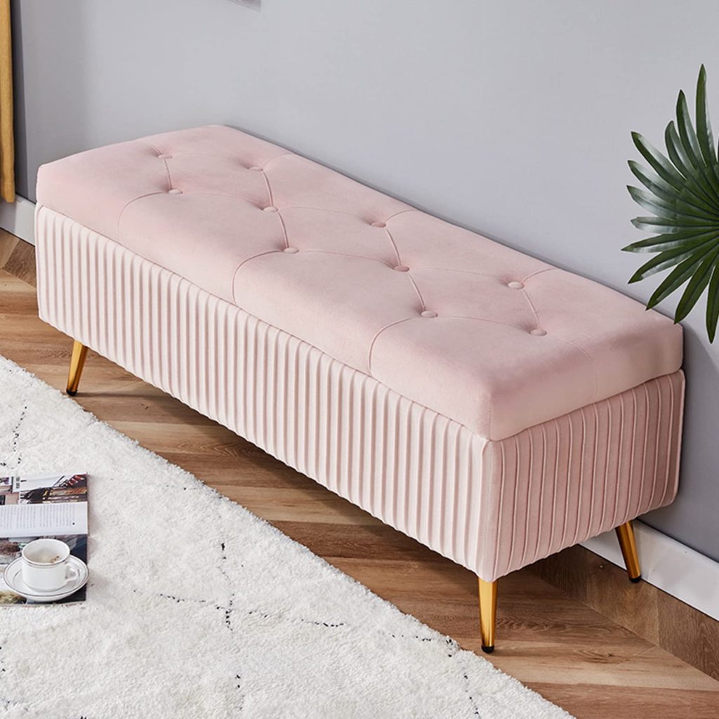 tufted pink bench as girly living room ideas