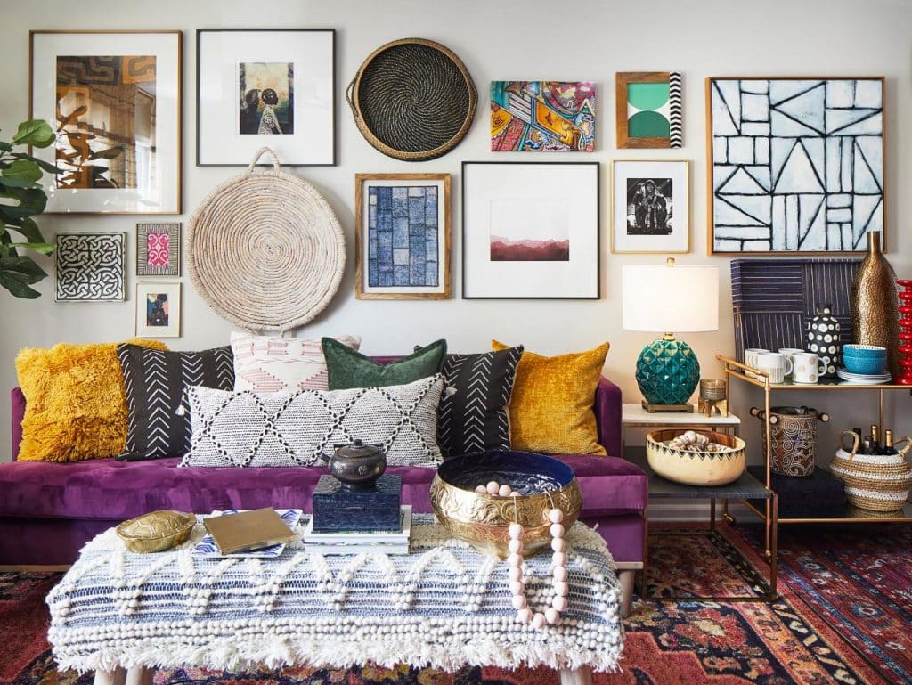 Global inspired Artwork and Textiles for a Boho Living Room