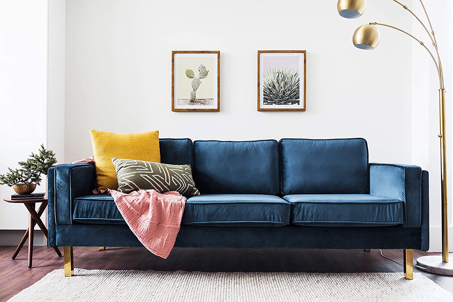 Midcentury Modern Blue Velvet Sofa