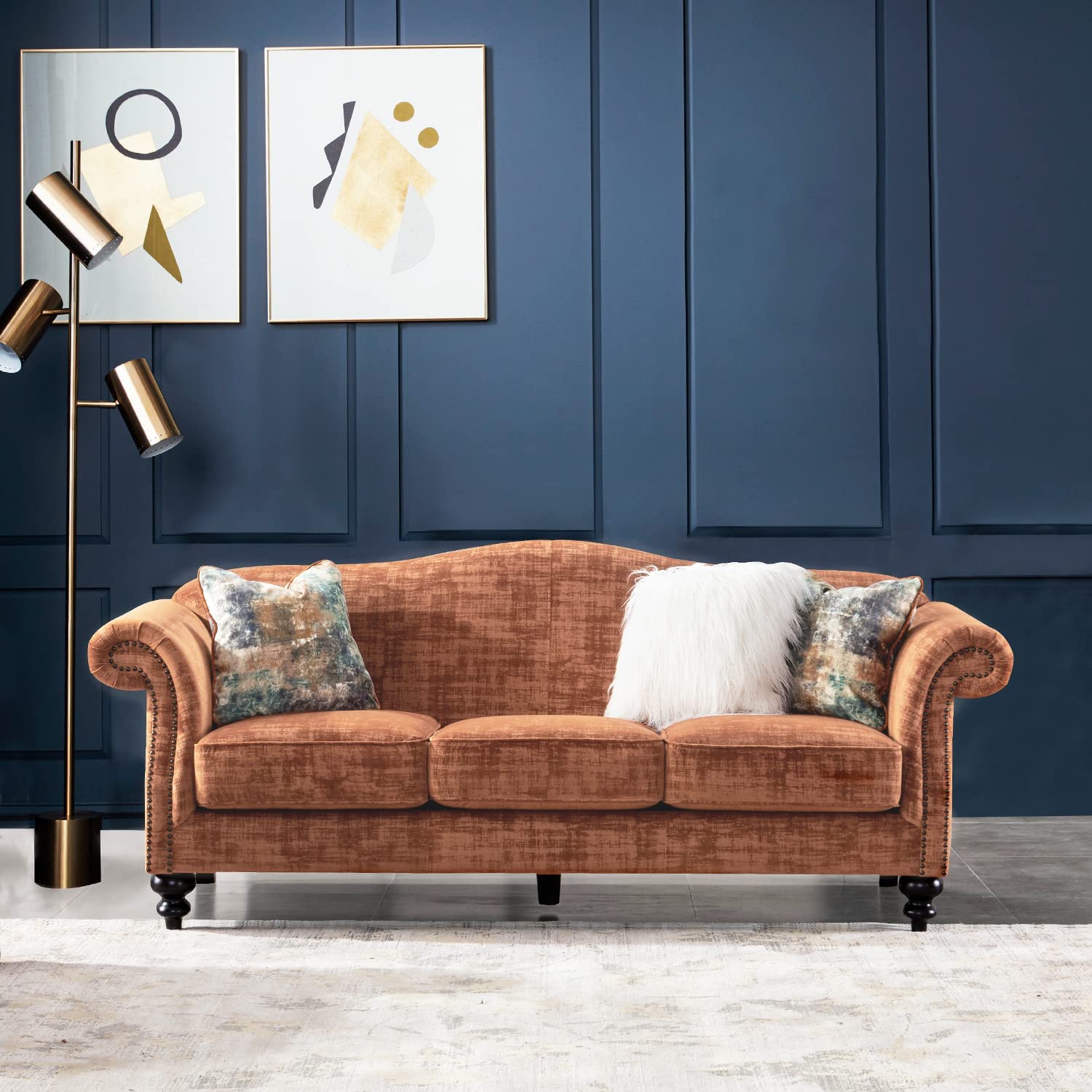 luxury mid century camelback velvet living room sofa