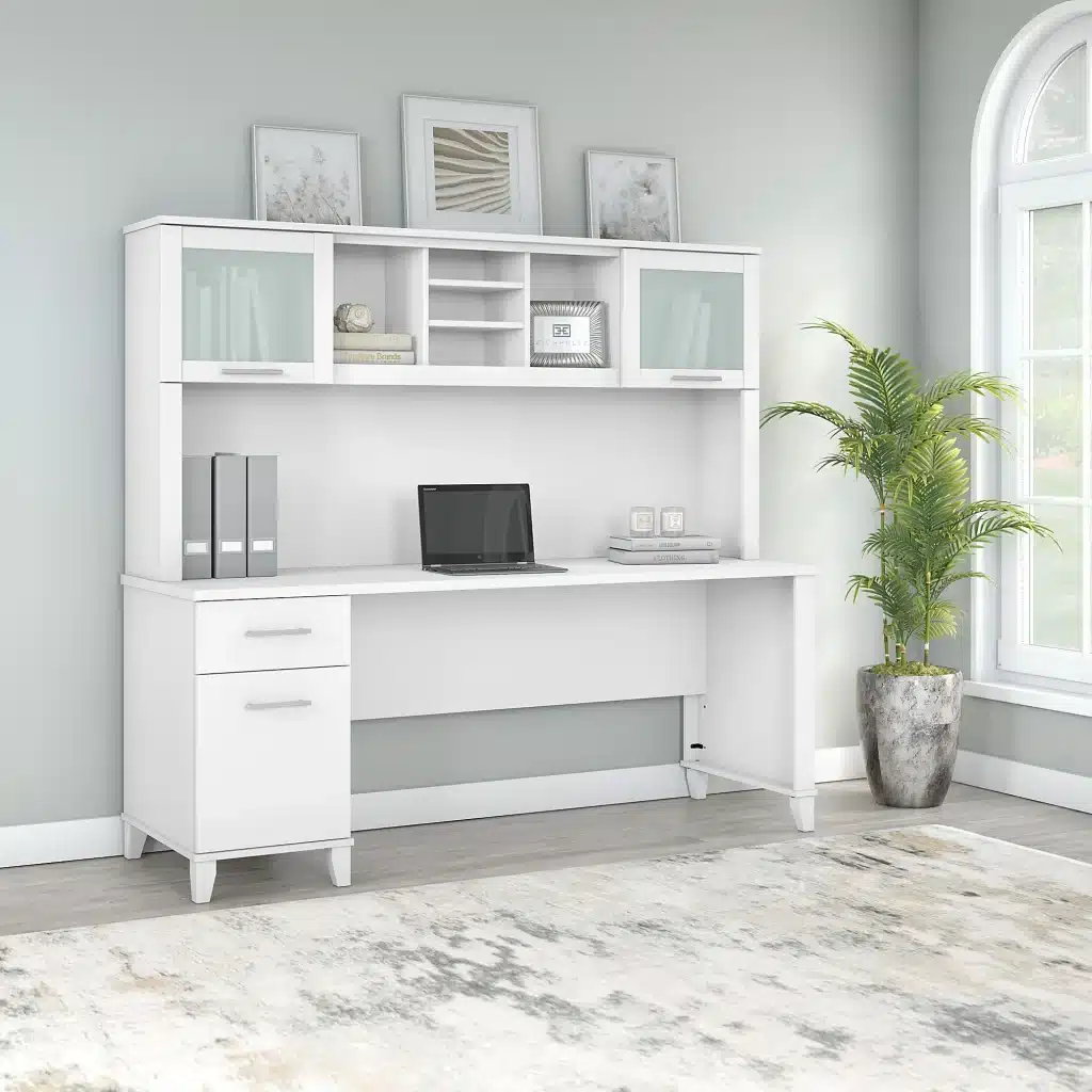 desk with cabinets or shelves above it