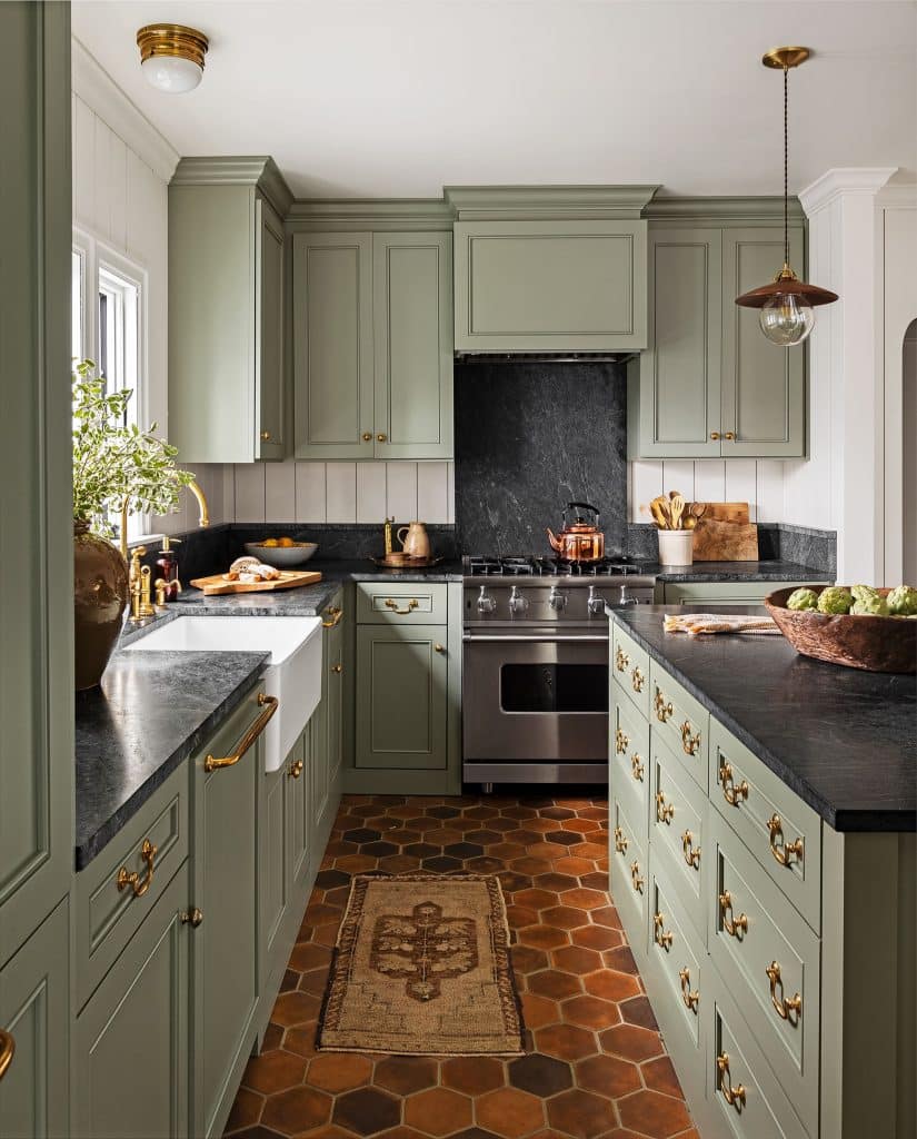 green kitchen cabinets terra cotta