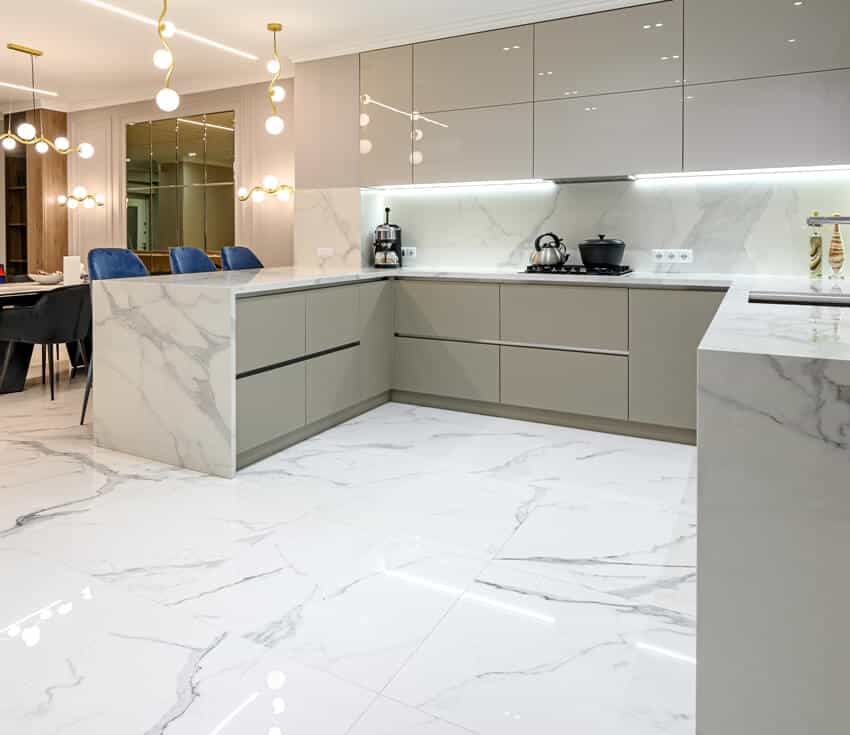 luxury large modern white marble kitchen united with dining room