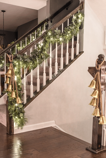 Evergreen Staircase Garland and Bundles of Bells