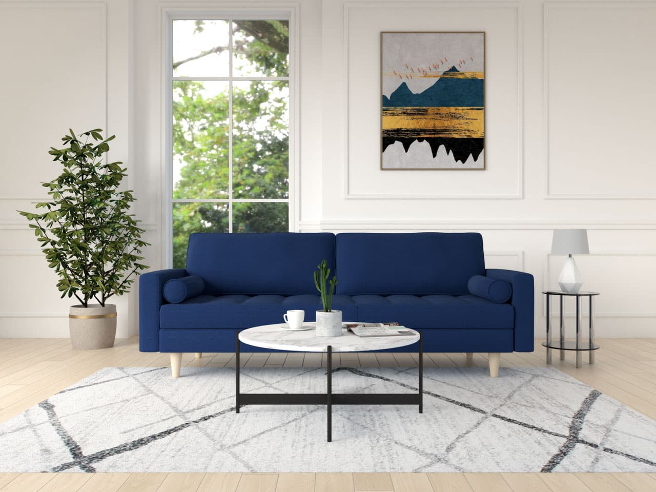 round white marble coffee table with blue couch