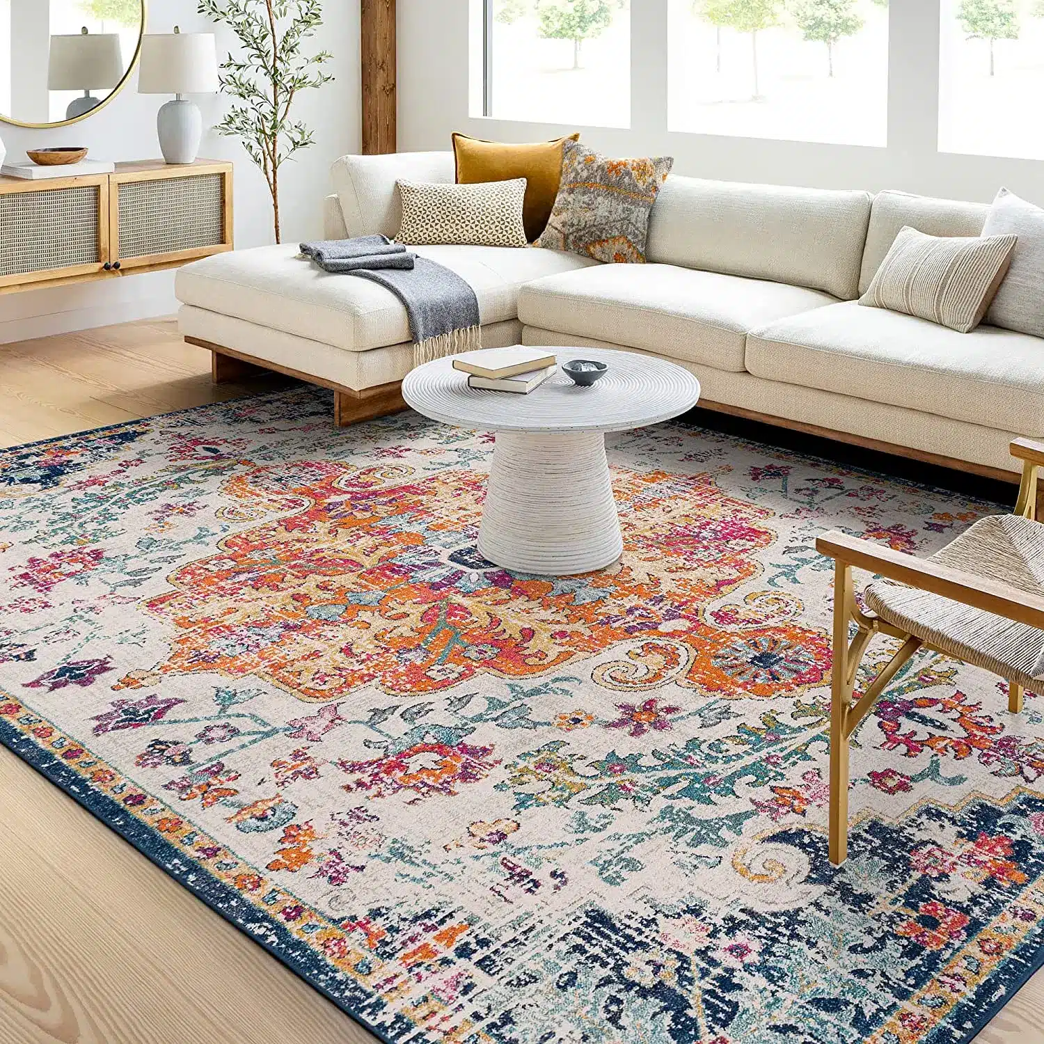 Persian-style and Moroccan-style rugs in their living room