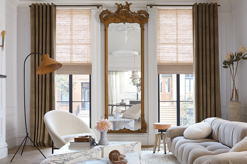 Long velvet, linen, or cotton drapes are typically found in Parisian living rooms