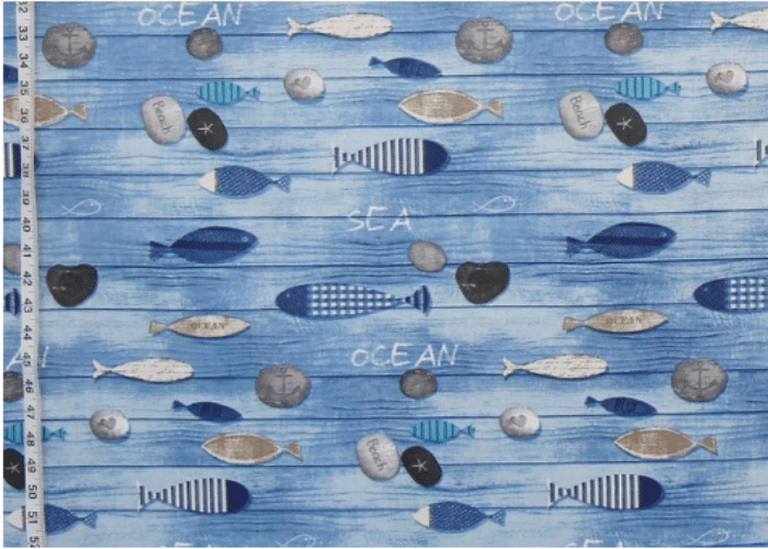 Blue Beach Fabric Seashore Weathered Boards Wooden Fish Stones
