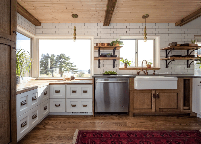Farmhouse Style Kitchen Cabinets and Wood Shelf