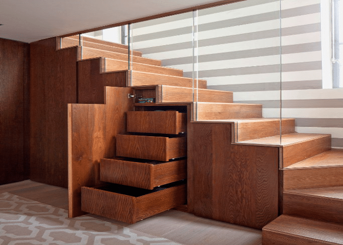 Wooden Staircase Design with Hidden Storage