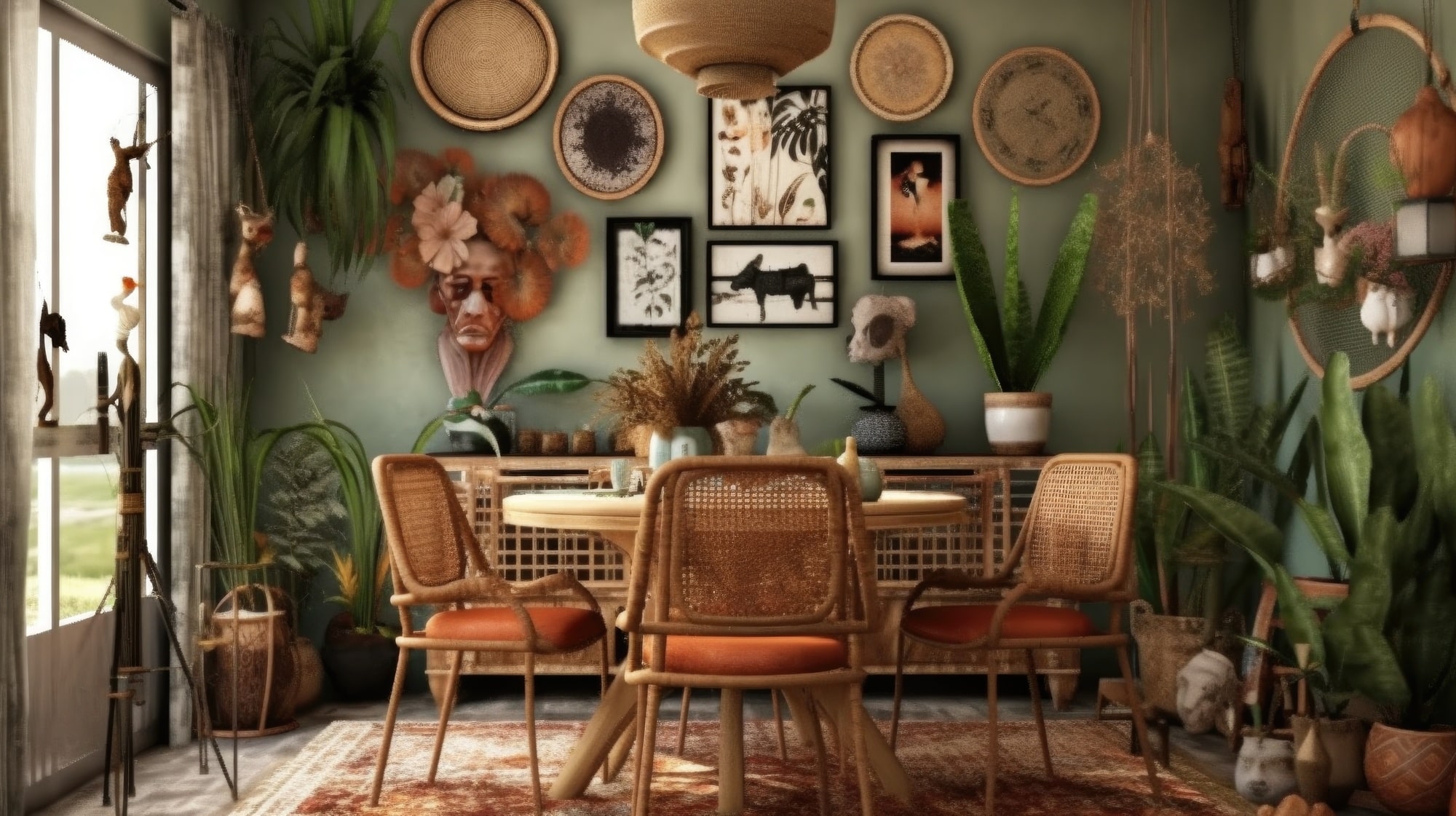 Interior design inspiration of Bohemian Eclectic style home dining room loveliness decorated with Rattan and Velvet material and Gallery Wall .Generative AI home interior design .