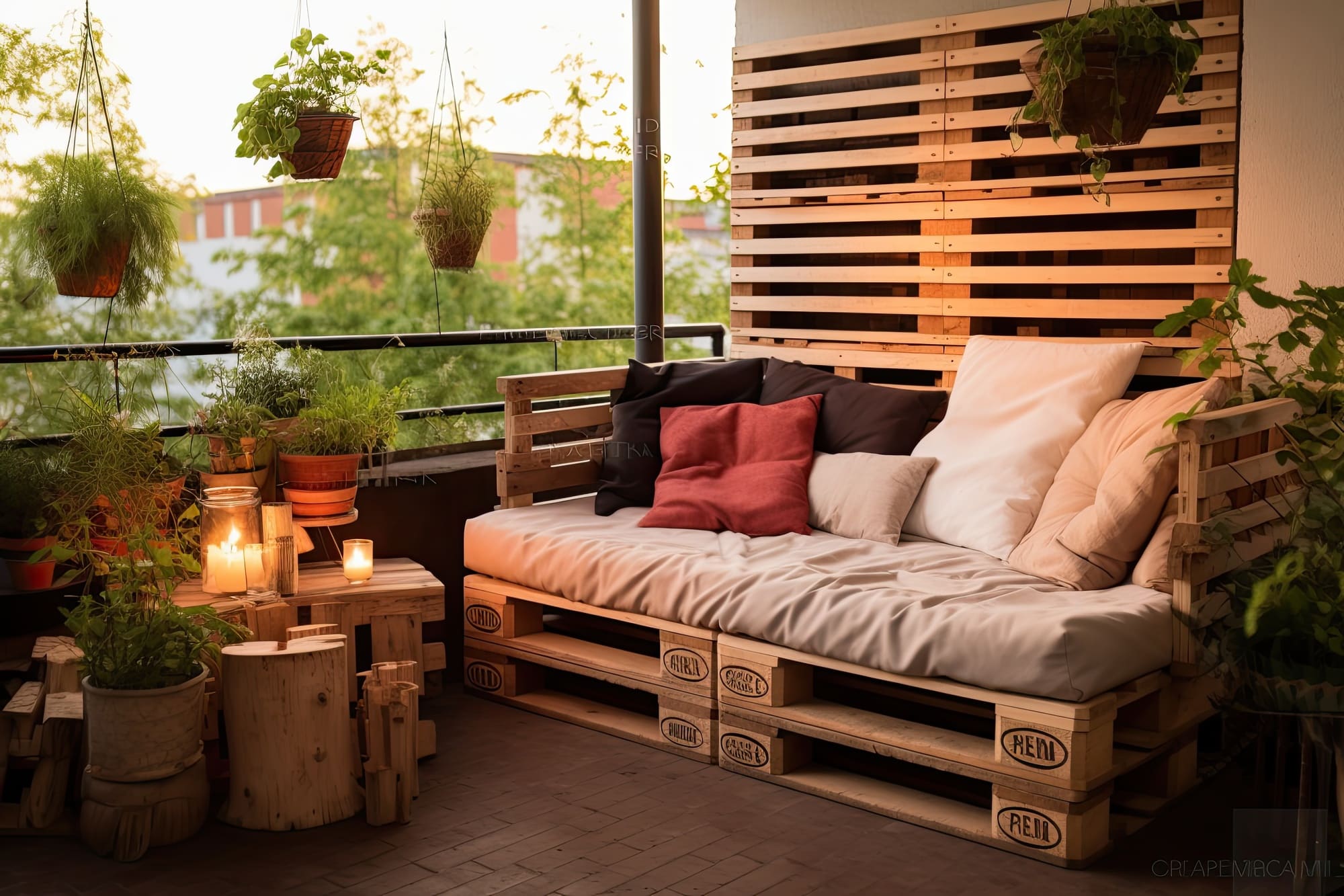 Outdoor furniture from construction pallets, patio with a sofa built of wooden pallets , Upcycled waste crafts consept ,Generative AI