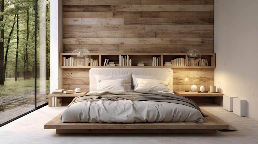 Blurred rustic bedroom with minimalist vases on wooden surface, DIY pallet bed with white bedding, and wooden interior design.