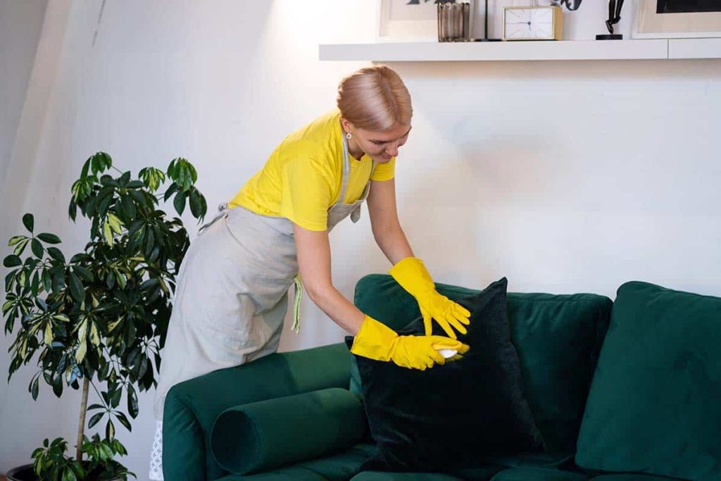A woman in yellow gloves cleans a green couch using water-based cleaning methods