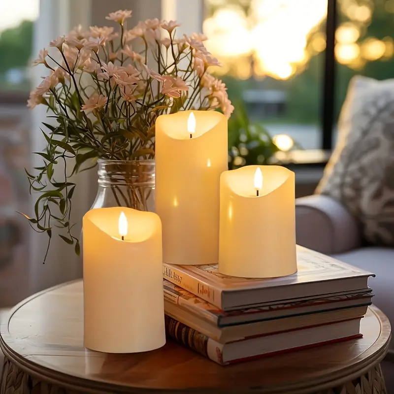 Three battery-operated candles on a table adorned with books and flowers.