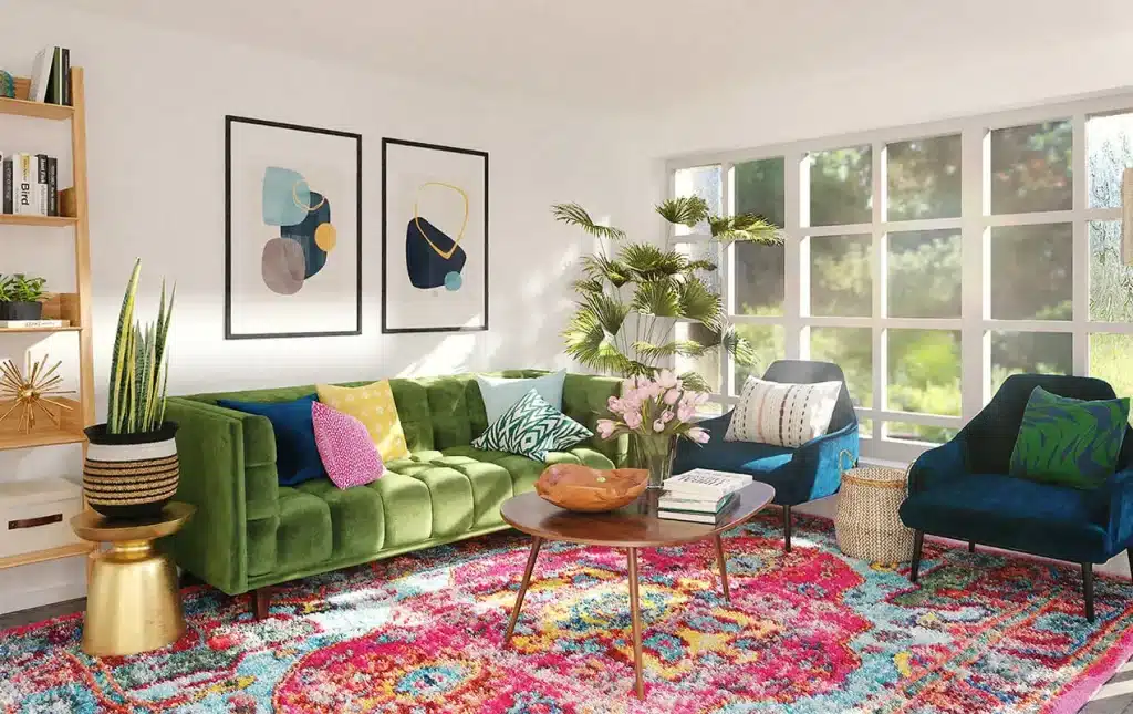 Vibrant living room with a green couch and colorful rug,