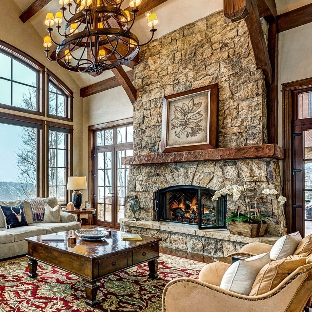 Spacious living room with stone fireplace and expansive windows.