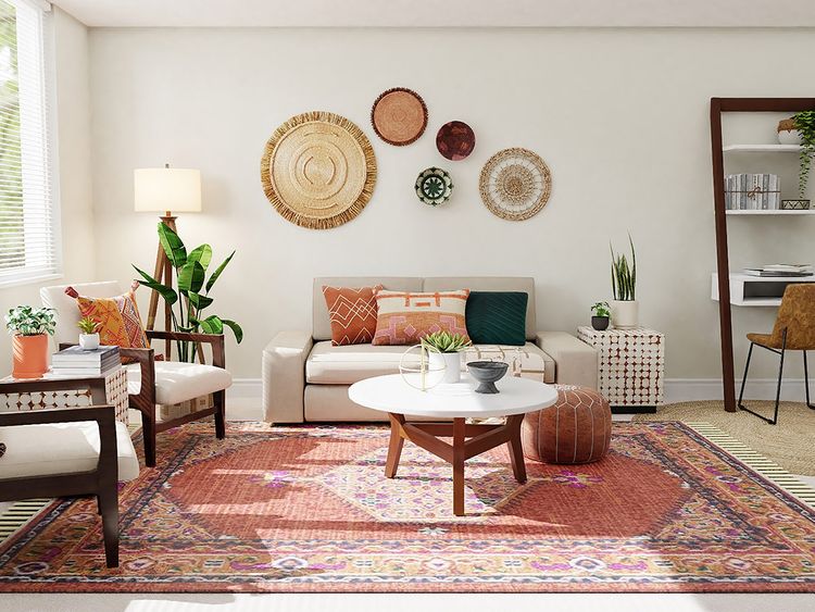 A modern boho living room with a stylish rug,