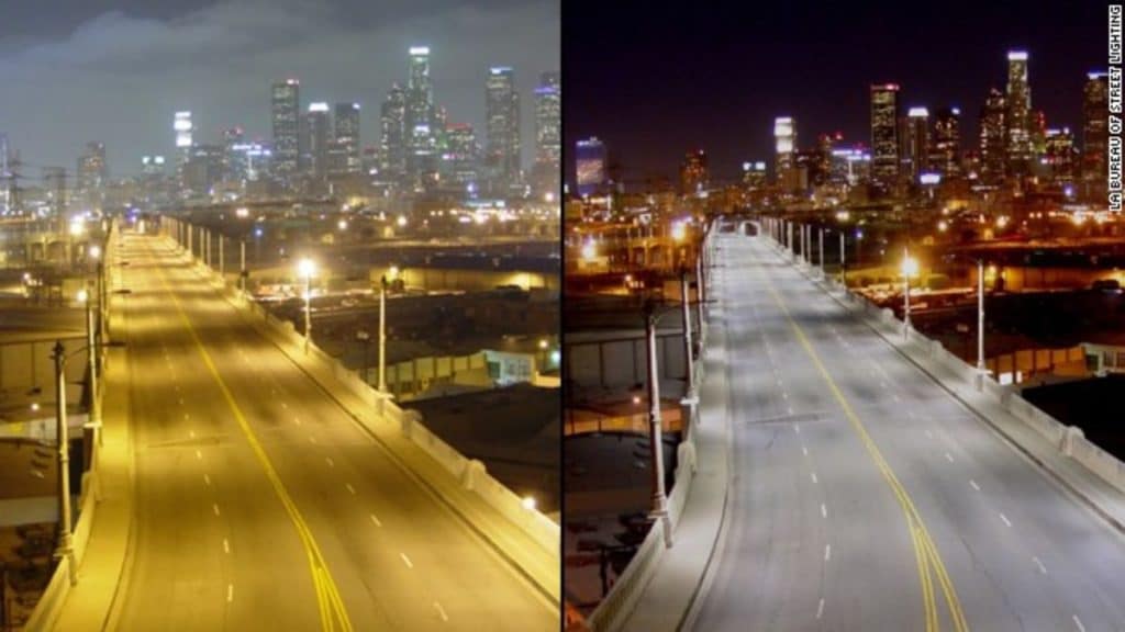 A pair of cityscape pictures, both taken during the night, showcasing the same urban area