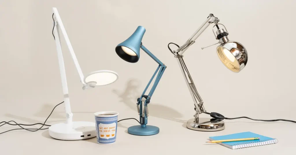 Three desk lamps of varying styles and a coffee cup placed together on a surface