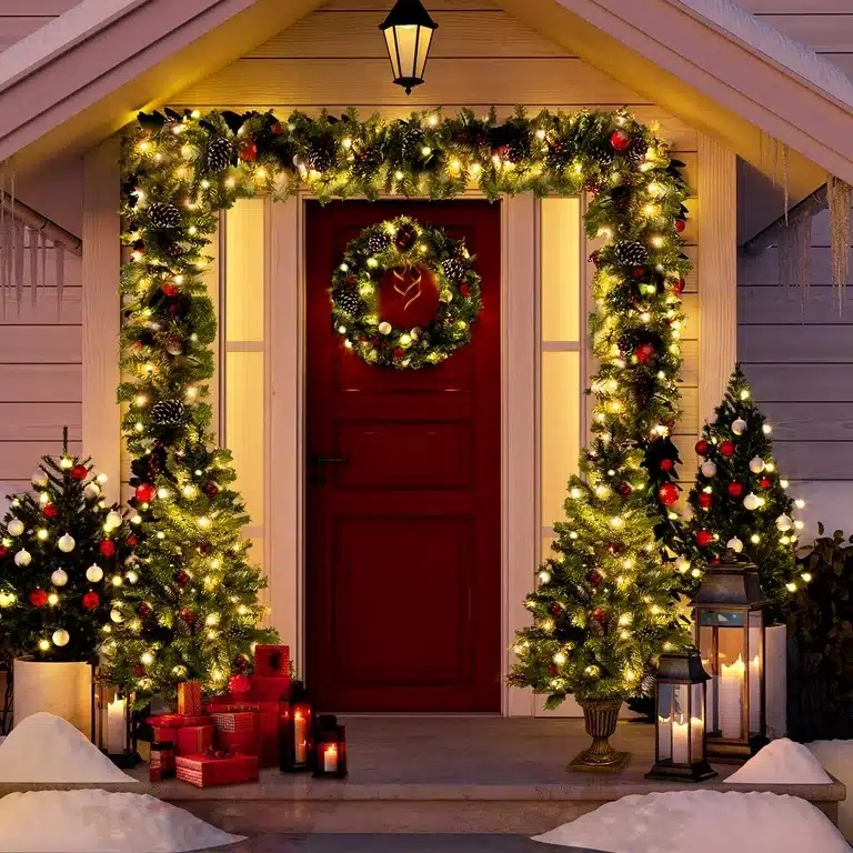 A festive red door adorned with Christmas decorations, including a wreath and a pre-lit Christmas garland