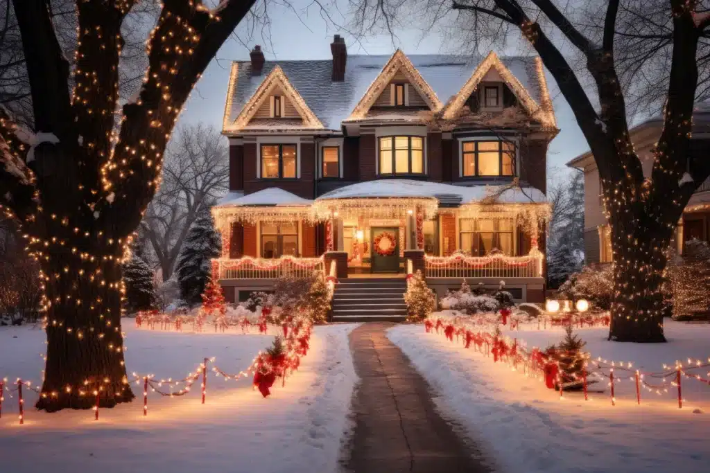 A beautifully lit house with vibrant Christmas lights on the front lawn, setting a festive ambiance