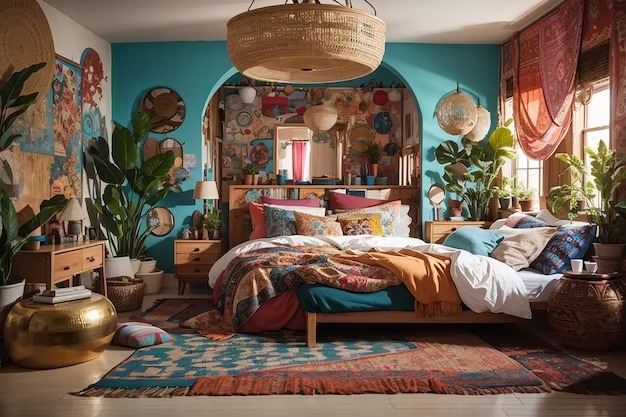 A vibrant bedroom with colorful decor and a cozy bed