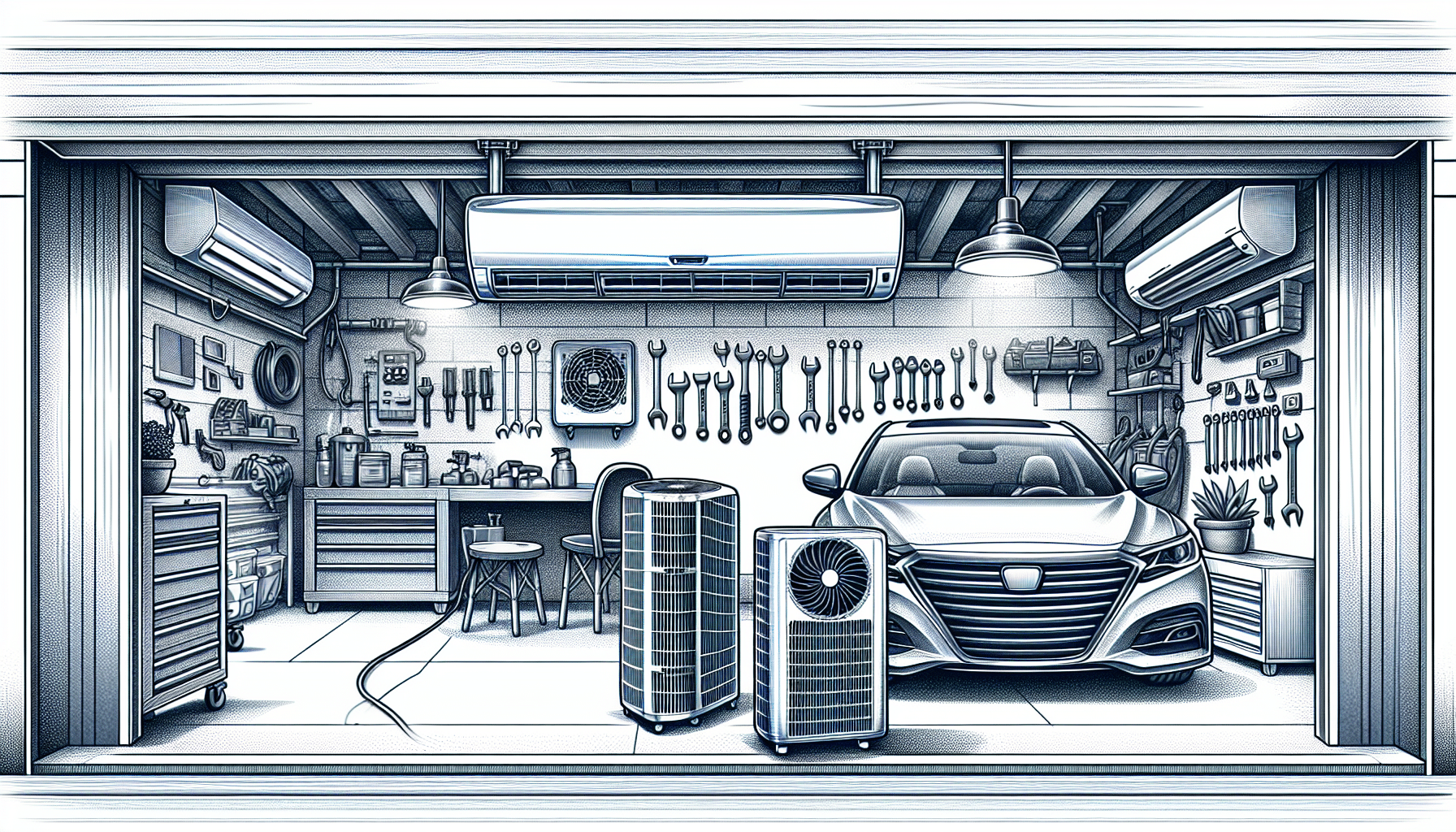 Illustration of air conditioning and mini-split systems in a garage