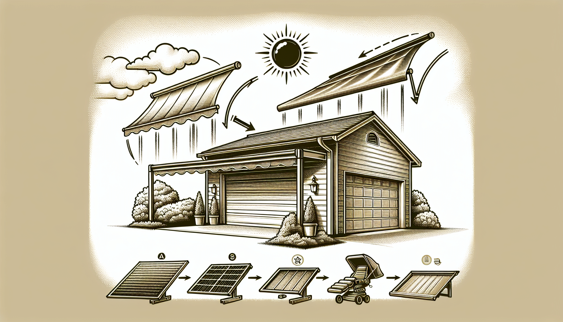 Illustration of awnings and canopies shading a garage