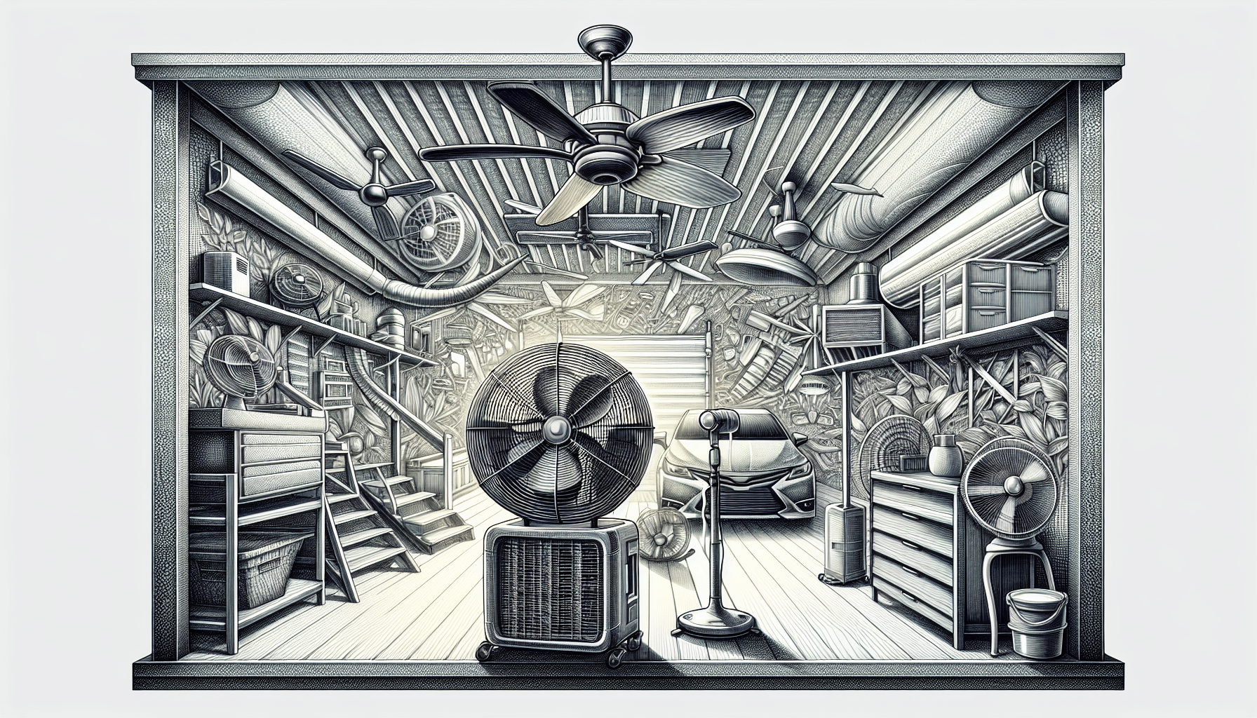 Illustration of fans circulating air in a garage