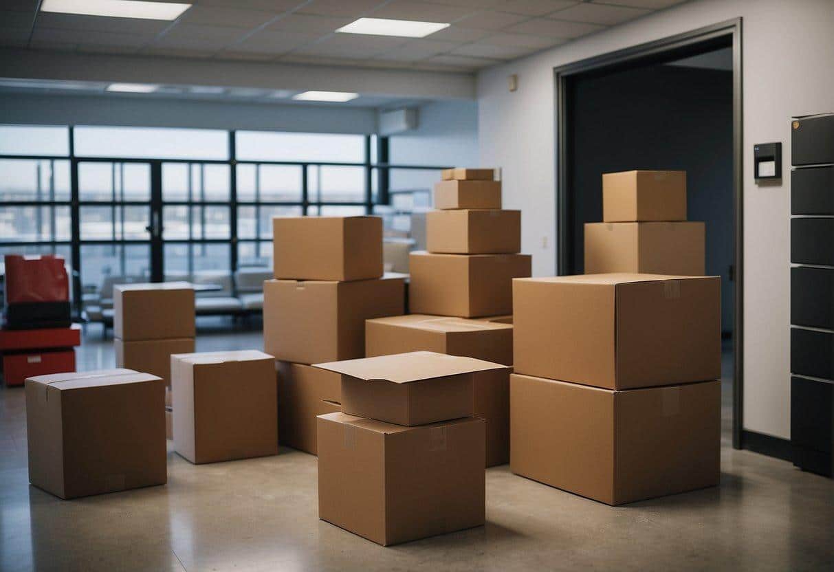 Boxes labeled, organized, and stacked neatly. Movers carefully maneuvering furniture through doorways. Clear paths and open space for efficient movement