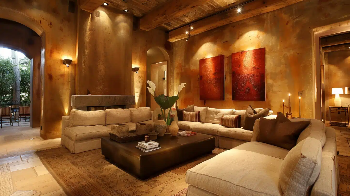 Enhance Your Living Room with Venetian Plaster Walls and Creative Lighting Ideas