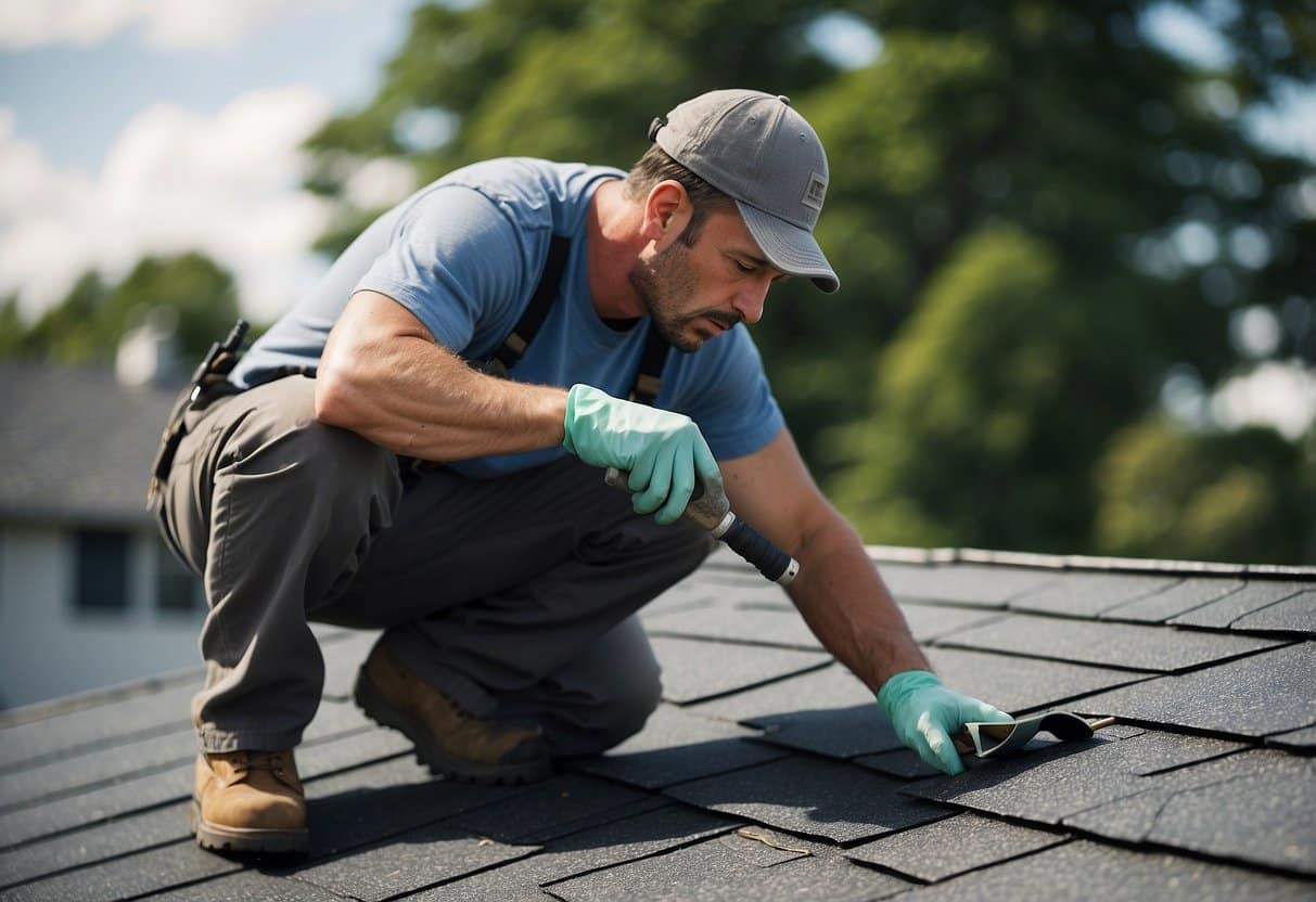A professional roofer repairing a flat roof in Long Island, using specialized tools and materials with precision and expertise