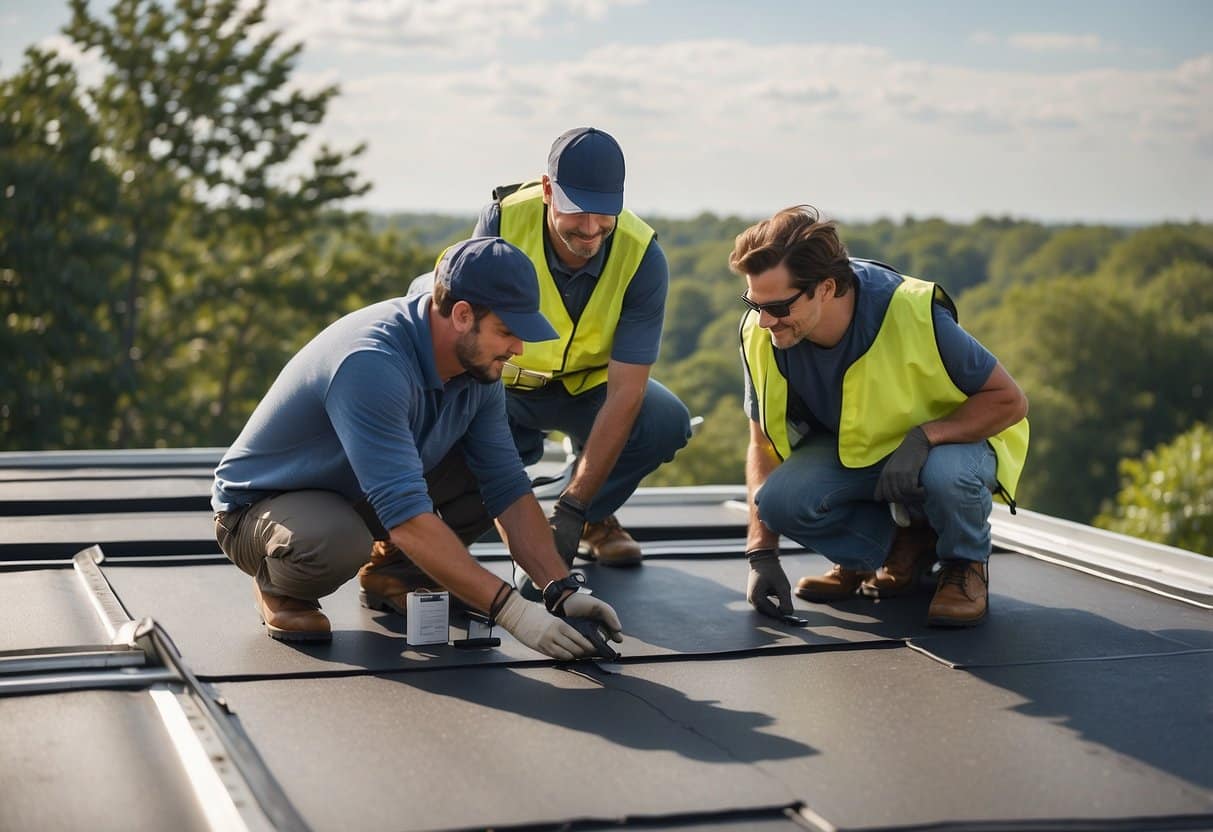A team of experts inspecting and repairing a flat roof in Long Island, using specialized tools and materials for a professional and lasting solution