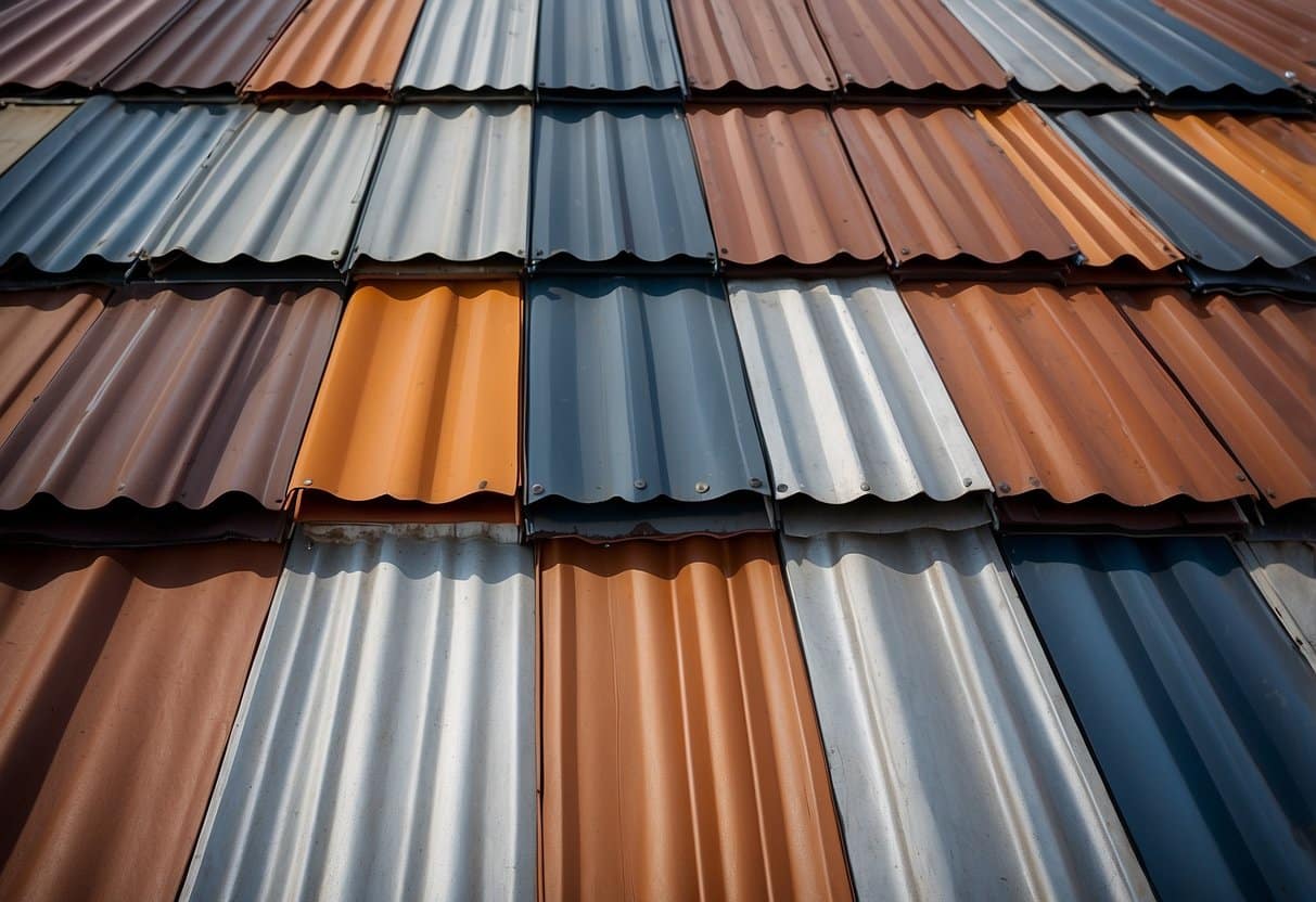 A variety of metal roof types arranged in a grid, each labeled with its respective name. The roofs vary in color, texture, and shape, providing a clear visual representation of the different options available